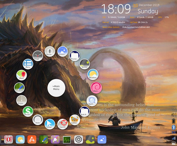 MakuluLinux Core's innovative circular menu display.