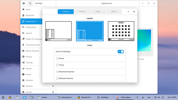 Zorin OS 15 Appearance tabs of the Settings control panel