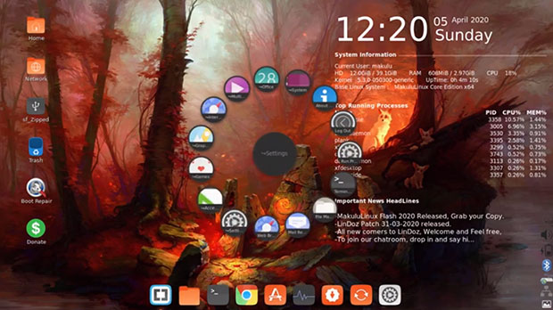 MakuluLinux Core 2020 spin-wheel style circular menu display