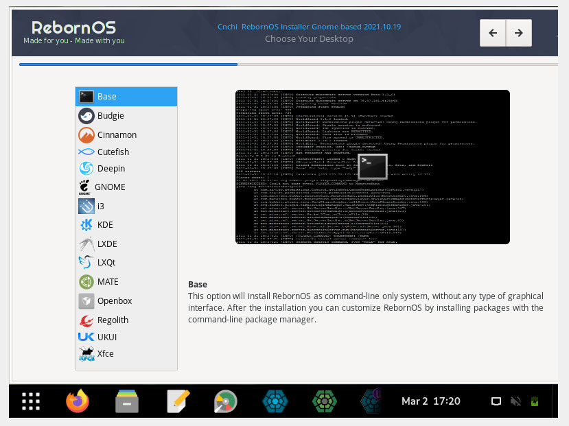 RebornOS selection of desktop environments