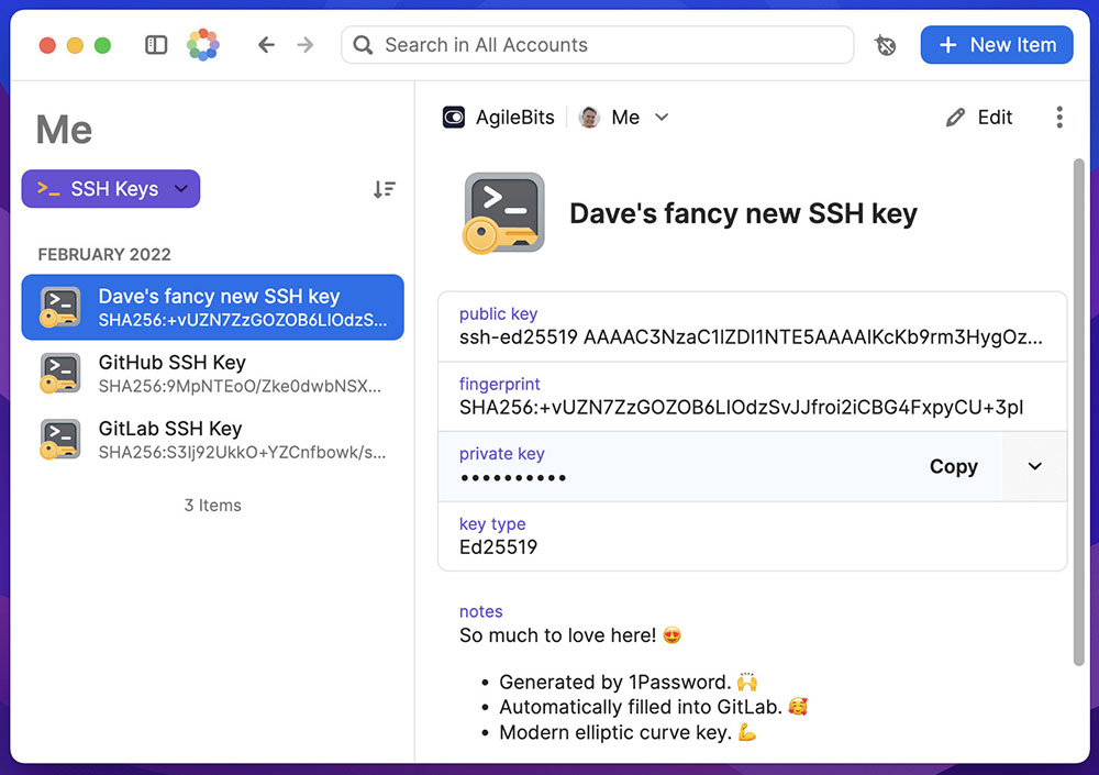 SSH Key item in 1Password